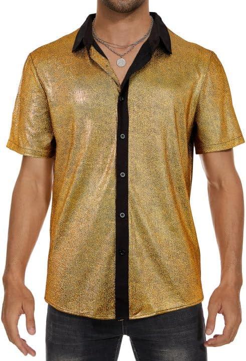 Zando Men's Sequin 70s 80s Disco Shirt - Retro Short Sleeve Button Up Costume Halloween New Year Party Outfit Top & Clubwear (Large)