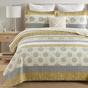 Homzard Quilt King Size-Comforter King Quilt Bedding Set,Mustard Yellow Beige Grey All Cotton Quilted Bedspread,Striped Floral Pattern Bedding Set,Lightweight Reversible 3 Piece,All Seasons (King (106"x98"))