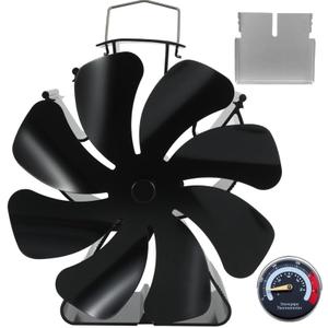 Tomersun Wood Stove Fan 8 Blades Heat Powered, Fireplace Fan Woodstove fan (Included Bracket), Wood Burning Stove Non Electric Thermoelectric Thermal Fan w/Thermometer