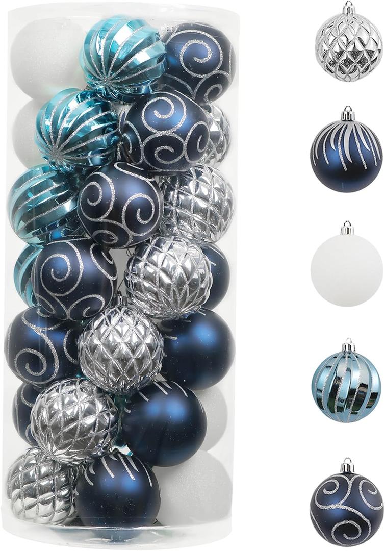 Valery Madelyn Ornaments for Christmas Trees, 35ct Navy Blue and Silver Shatterproof Christmas Tree Decorations, 2.76 Inches Winter Wonderland Hanging Ball Ornaments Bulk for Xmas Holiday Decor