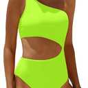 Women's One Piece Swimsuit- One Shoulder Bathing Suit Cutout Tummy Control Swimwear (L, Neon Green)
