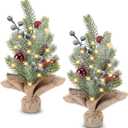 HUAESIN 2Pcs Mini Christmas Tree 12 Inch Flocked Tabletop Christmas Tree with Lighted Snow Frost Pine Cones Small Xmas Tree for Winter Decor Indoor Office Bedroom Kitchen Xmas Decorations (Green)