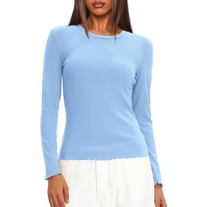 Darong Long Sleeve Tops for Women Basic Fitted Shirts | slim fit, crew neck, fall tshirt, ribbed knit, undershirt, soft material,lettuce edge, stretch (Blue, XS)