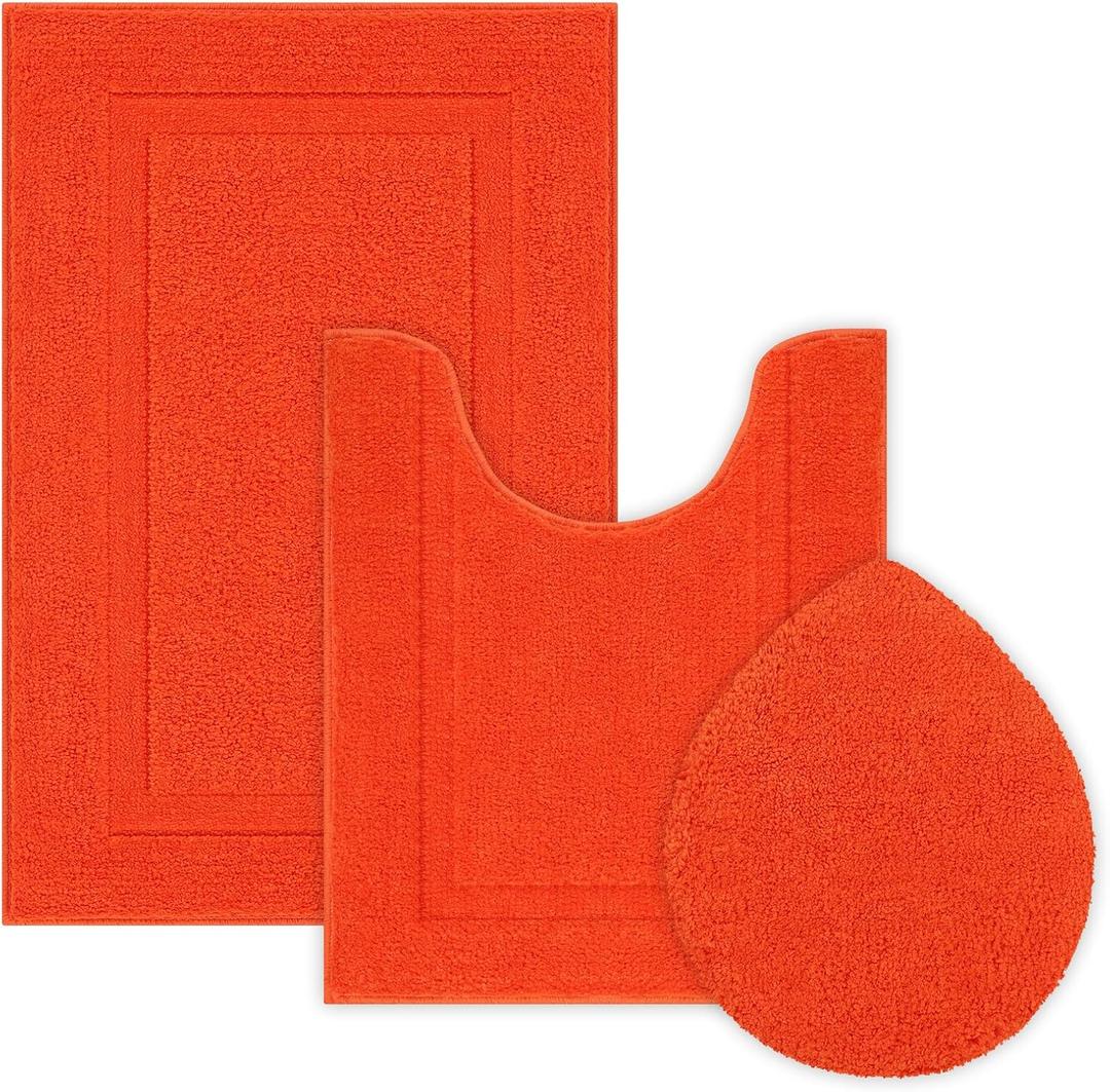 SHACOS Bathroom Rugs Sets 3 Piece with Toilet Lid Cover, 20"x32"Bath Mat and 20"x24" U-Shape Contoured Toilet Mat Machine Washable Shaggy Absorbent Bath Rugs (Orange)