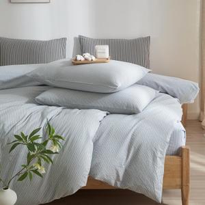 Striped Duvet Cover Set Queen Size, 3 Pcs Breathable Durable 100% Washed Cotton Comforter Cover for All Seasons, Chic Linen Like Textured Bedding Set (Light Blue White Pinstripes, Queen)