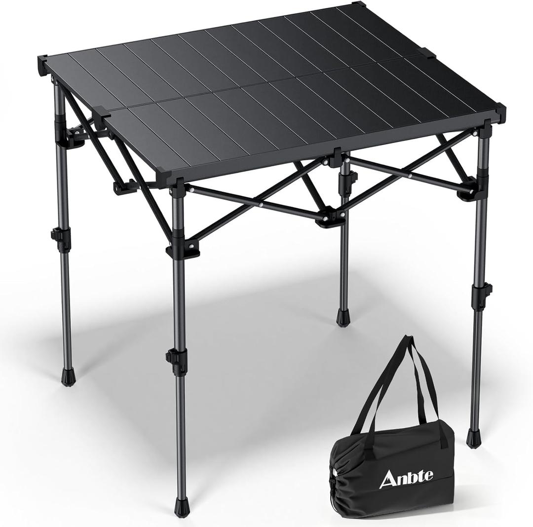 Anbte Camping Table Foldable, 2 Height Max 27.5" Aluminum Roll up Camping Table with Carry Bag & Heat-Resistant Tabletop, Lightweight, for Indoor Outdoor RV BBQ Picnic Patio Beach, 26" x 23", Black