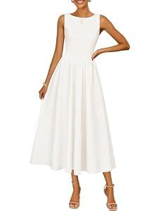 ZESICA Women's Spring Sleeveless Cocktail Dresses 2026 Summer Crewneck Flowy Wedding Guest Party A Line Midi Dress (White, S)