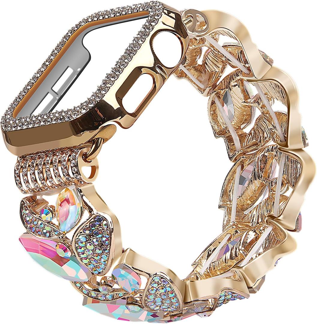 VIQIV Bling Dressy Bracelet with Case Compatible with Apple Watch Bands 38/40/41/42/44/45/49mm for Women Strethy, Cute Slim Metal Wristband Strap for iWatch Ultra 2/Ultra Series 9/8/7/6/5/4/3/2/1/SE (Gold Colorful)