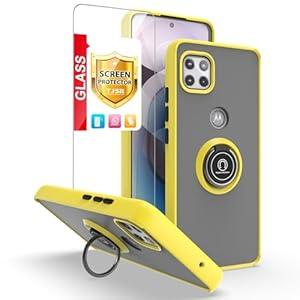TJS Compatible with Motorola Moto One 5G Ace 2021 Case, Moto G 5G 2021 Case, with Tempered Glass Screen Protector Metal Ring Magnetic Support Kickstand Heavy Duty Protector Phone Case Cover (Yellow)