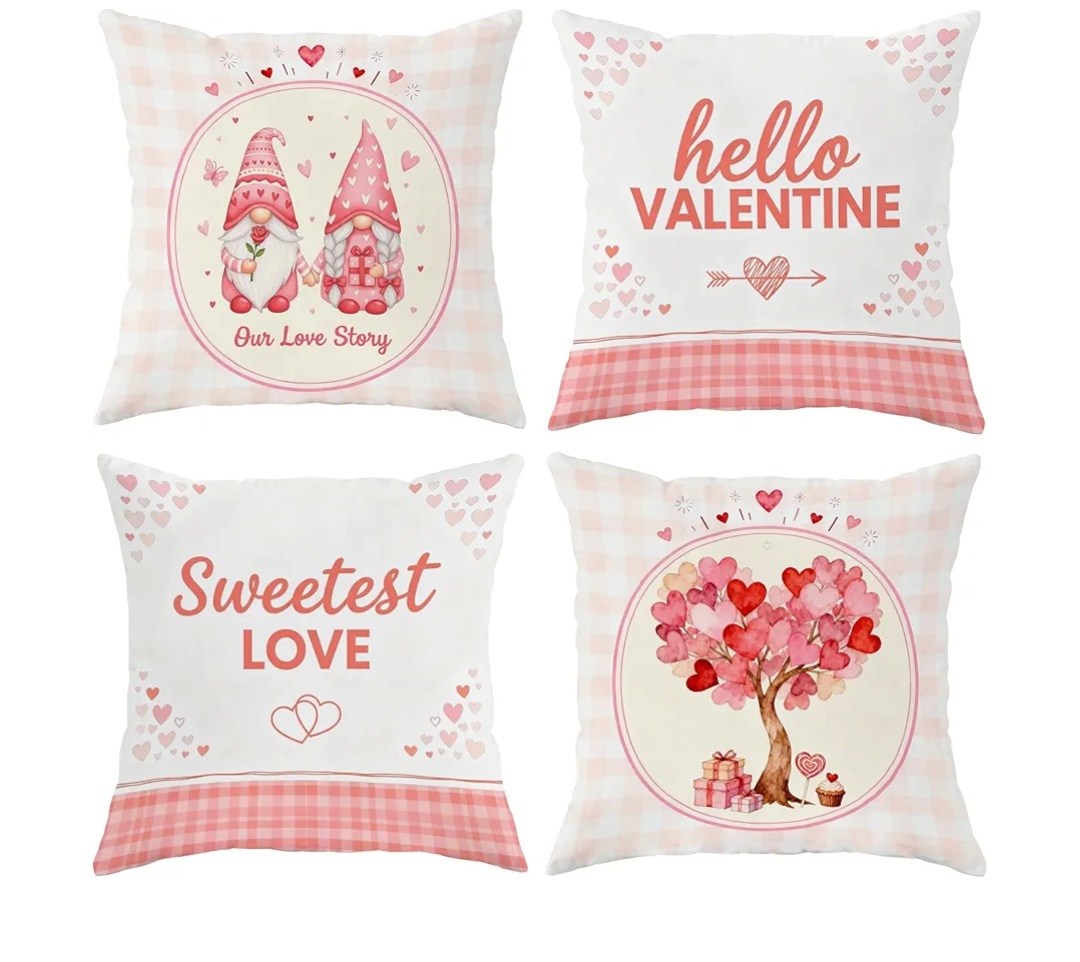 Dotegu Pink Valentine's Day Pillow Covers 18 x 18 Inch Set of 4, Valentines Decor Love Heart Designs Decorative Pillowcases for Home Sofa Couch Cushion Decoration