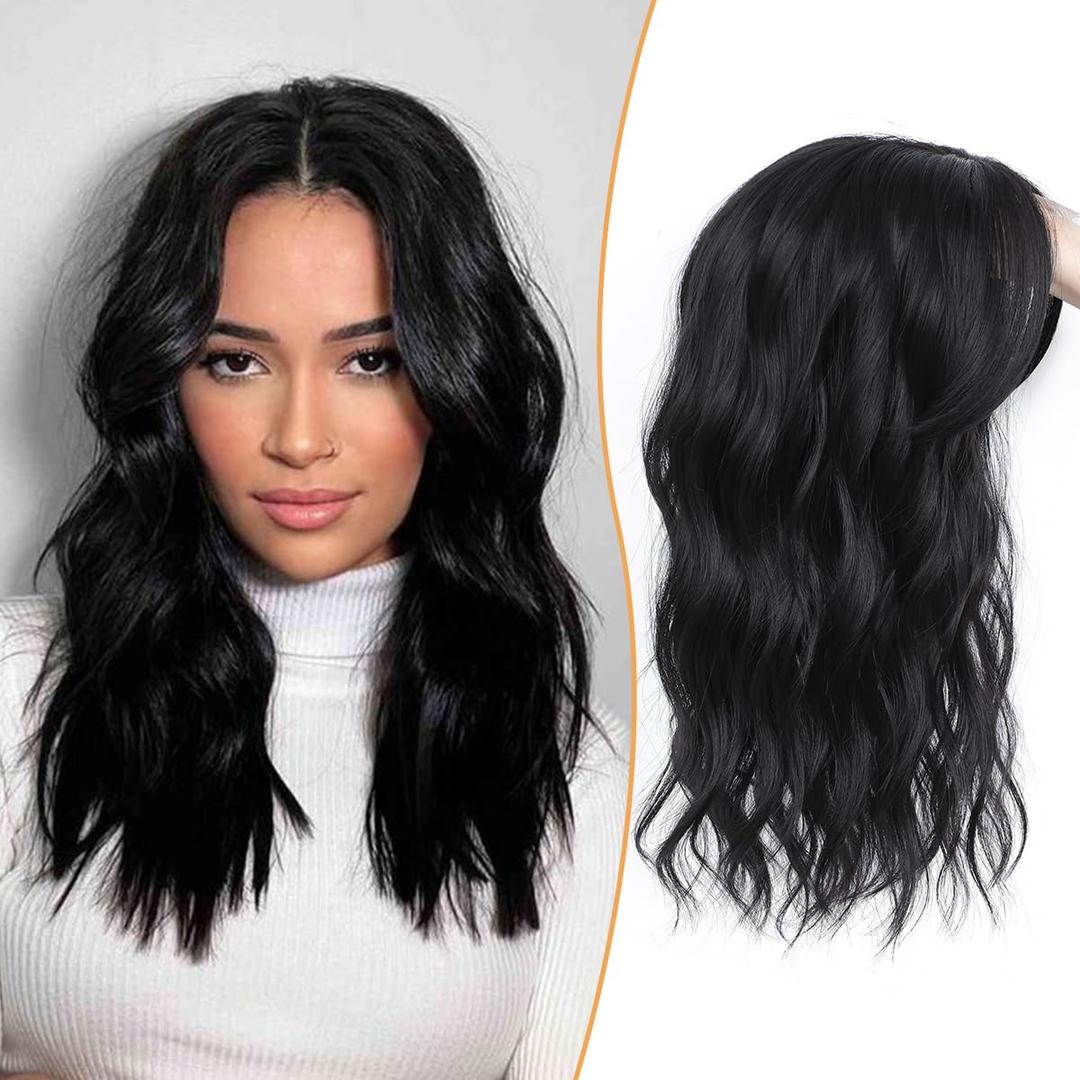 PANEWAY Wavy Curly Natural Black Clip In Hair Topper - 16Inch Add Hair Volume Synthetic Wiglets