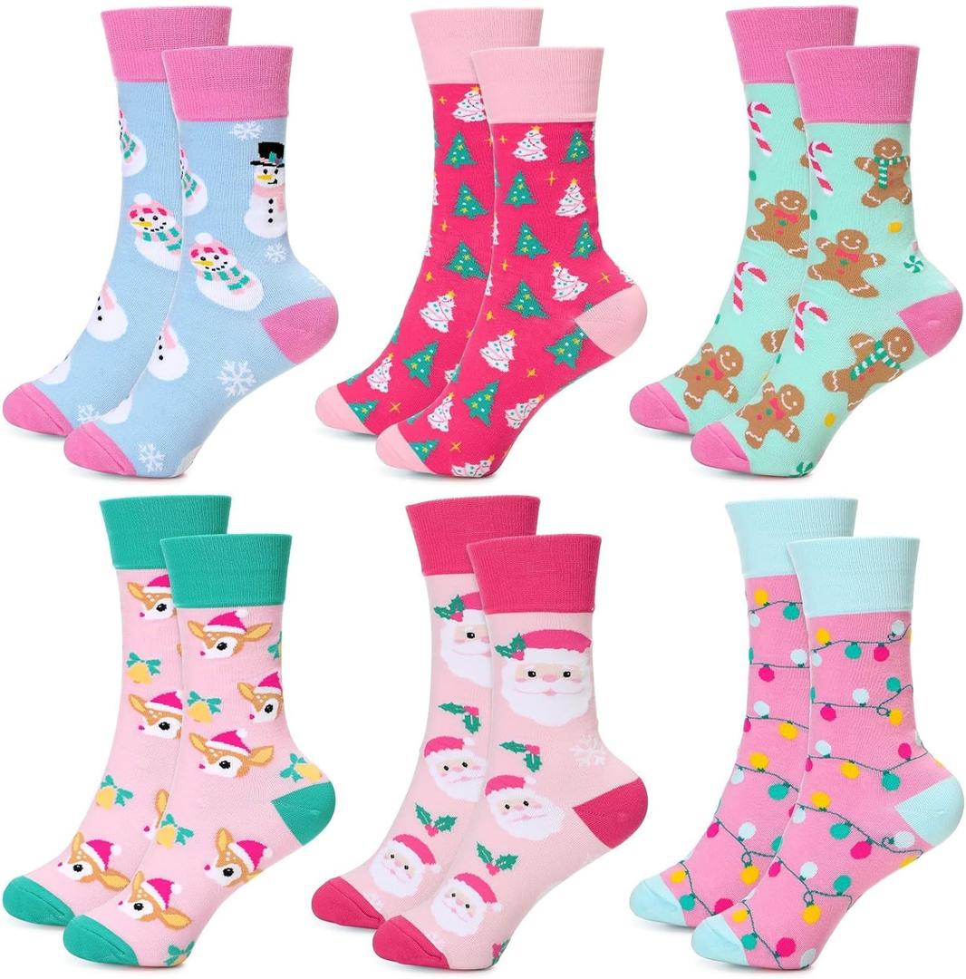 Vansolinne 6 Pairs Pink Christmas Socks for Women Girls Cotton Santa Snowman Gingerbread Xmas Crew Socks for Pink Christmas Party Gifts