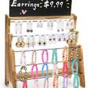 ZEAYEA Earring Display Stand for Selling, 5-Tier Wood Bracelet Necklace Display Holder with Advertising Board and 30 Hooks for Vendors, Jewelry Organizer Stand for Earring Cards, Rings, Keychain