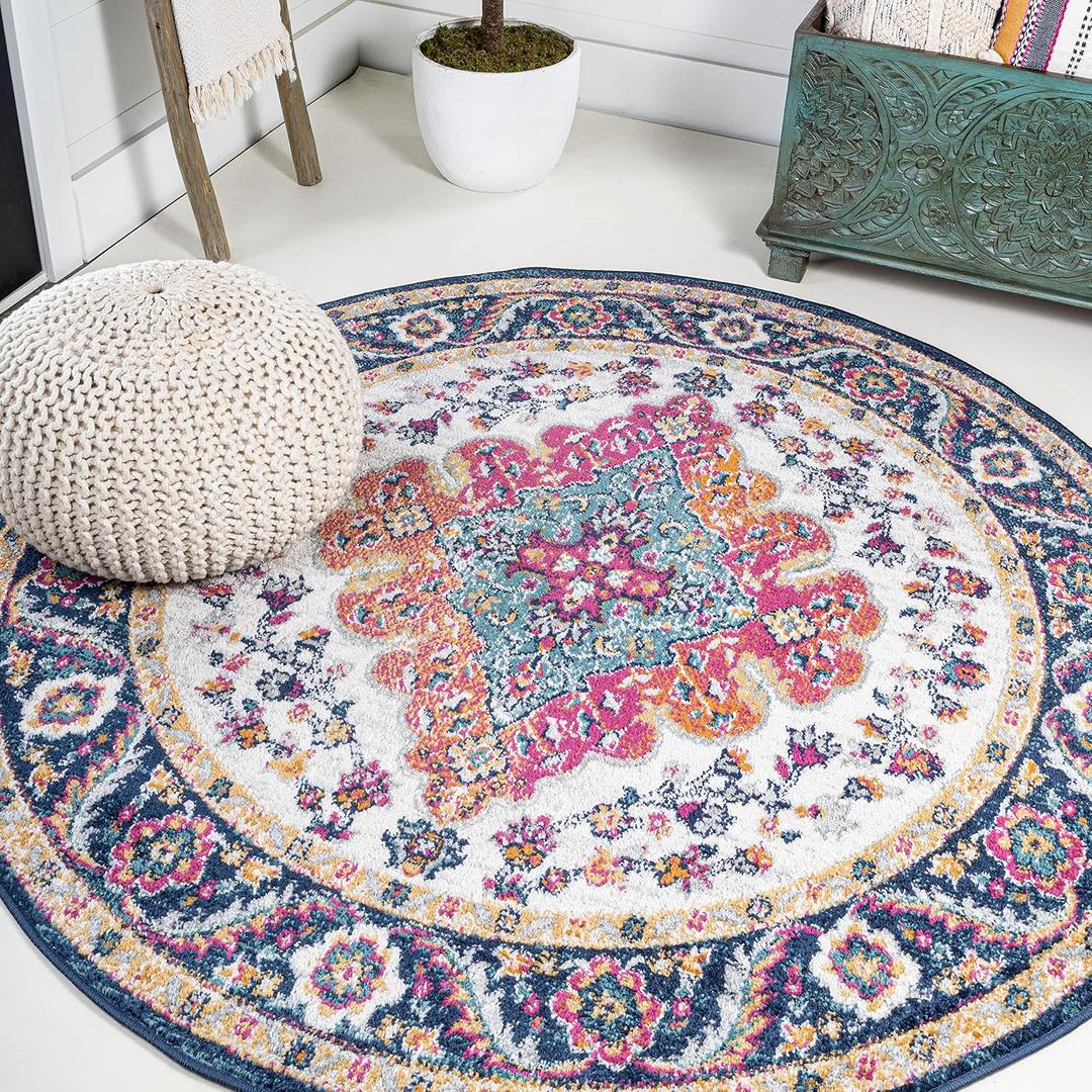 JONATHAN Y Boho Vintage Blue/Multi 5' Round Area Rug, Bohemian Flair Medallion, Floral Easy-Cleaning High Traffic for Living Room, Bedroom, Kitchen, Pet-Friendly, Non Shedding (BMF106A-5R)