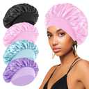 4PCS Satin Hair Bonnet for Sleeping,Bonnets for Black Women Men,Silk Bonnet for Sleeping,Hair Wrap Cap for Curly Hair,Elastic Wide Band Hair Bonnet Shower Cap (Black & Blue & Pink & Purple)