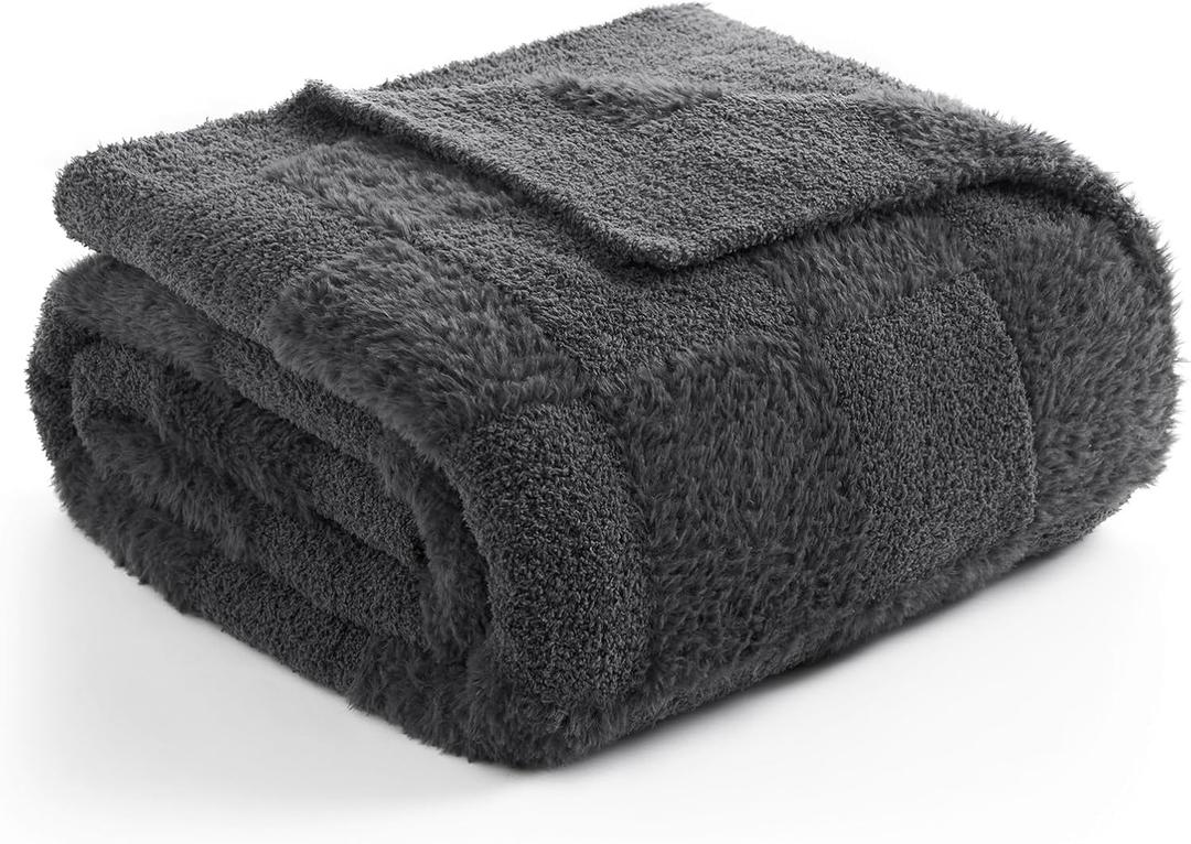 Snuggle Sac Faux Fur Throw Blanket for Couch, Knitted with Microfiber Fancy Yarn Blanket, Cozy Soft Warm Blankets for Sofa Bedroom Living Room,Solid Dark Grey,50x60 inches