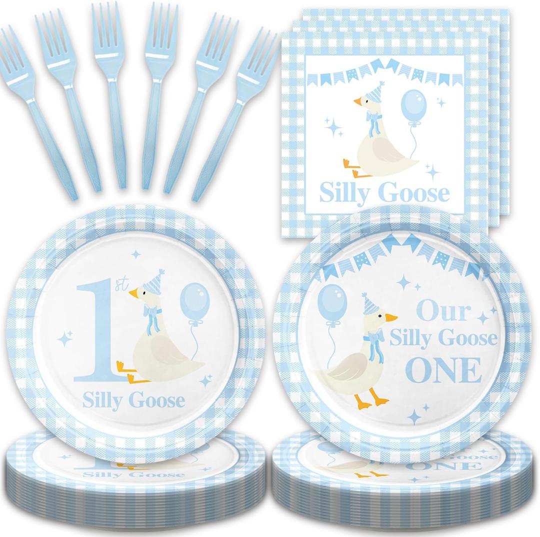 48Pcs Silly Goose 1st Birthday Party Decorations Blue Paper Plates and Napkins Forks Sets Party Supplies for Birthdays Baby Shower Decorations One Silly Goose Birthday Decor Boy (Red)