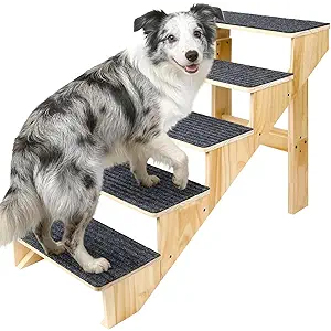5-Step Dog Stairs for Large Dogs, Solid Wooden Dog Steps for Beds/Couch with Carpet, 24 Inches Anti-Slip Pet Stairs for High Beds, Ramp for Older/Senior Dogs, Pet Bed Stairs to Get on Bed/Sofa