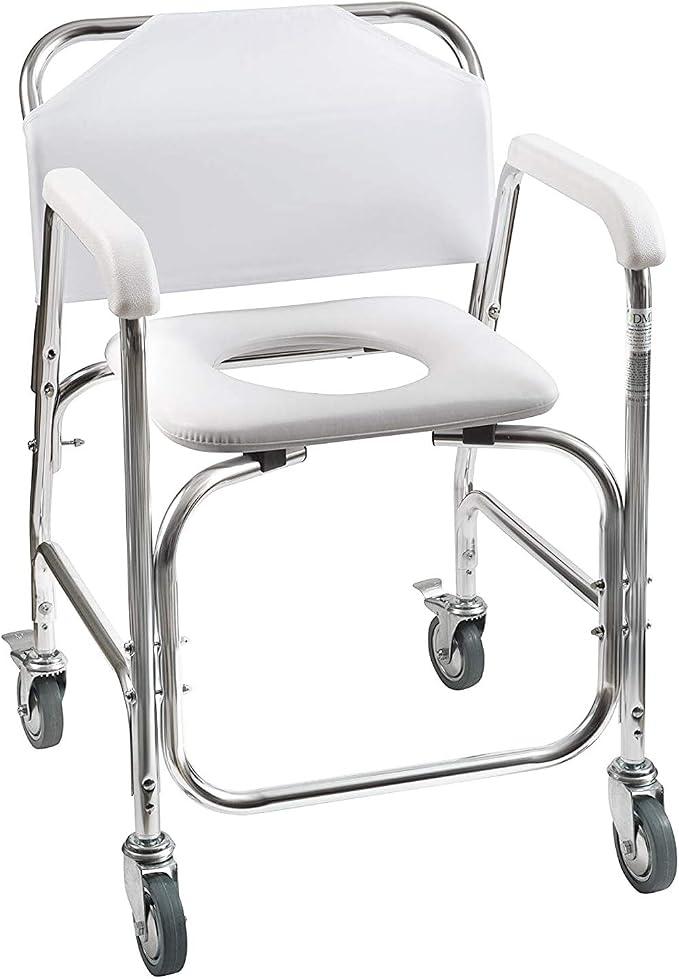 Shower Chair, Commode, Transport Chair, FSA Eligible, Rolling Bathroom Wheelchair for Handicap, Elderly, Injured or Disabled, 250 Lb. Weight Capacity, Aluminum Frame, White