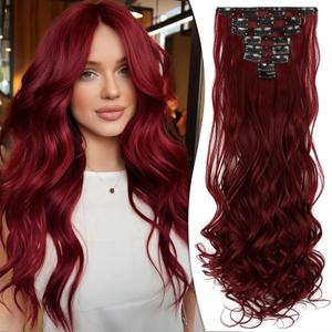 Clip in Hair Extensions 24 Inch 8PCS Wine Red Long Wavy Synthetic Hair Extensions Clip ins Thick Double Weft Hair Clip Extensions for Women