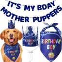 Dog Birthday Party Supplies - Bandana Set with Party Hat, Crown and Banner - 'It's My Birthday Mother Puppers' for Medium, Large Dogs
