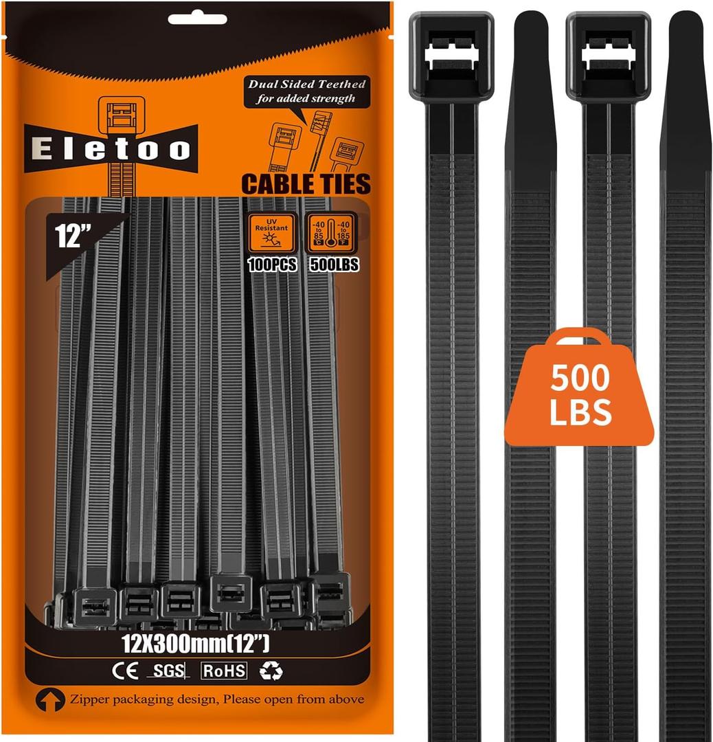 12 inch 100 Pack Black Large Zip Ties Heavy Duty 2025 New Patented Design, 500 LBS Tensile Strength, Self-Locking Nylon PA66 UV Resistant Cable Ties for Indoor and Outdoor Use