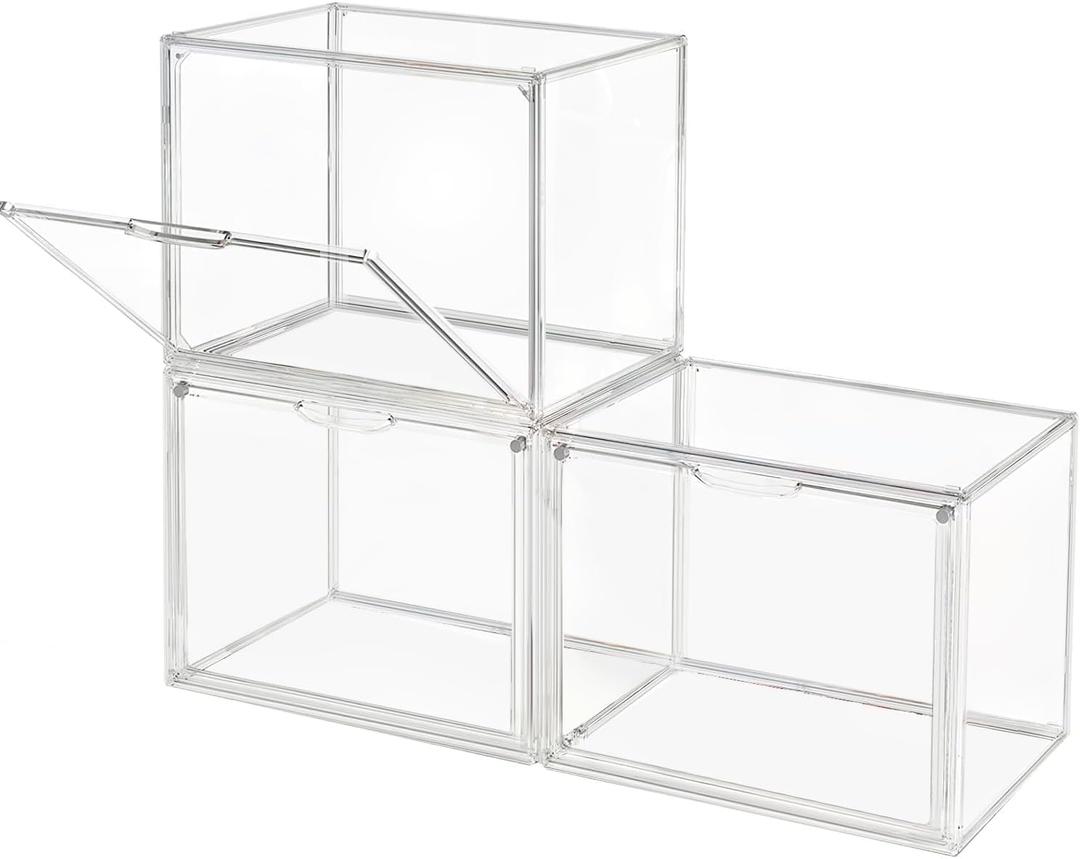 GUDEMAY Clear Stackable Plastic Storage Bins with Magnetic Lid, Dustproof Book & Cosmetic Acrylic Display Cases, Large Figures Collectibles Showcase, Shoe Box, Protection Organizer (L, Count, 3)