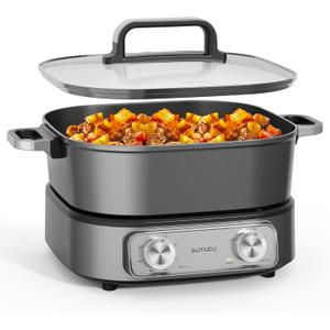 6-Quart Electric Skillet, Hot Pot | Non-Stick PFOA-Free Ceramic-Coated Pot, 1600W, Timer & 3 Power Settings for Steak, Egg, Ramen, Nonstick Pot (Grey)