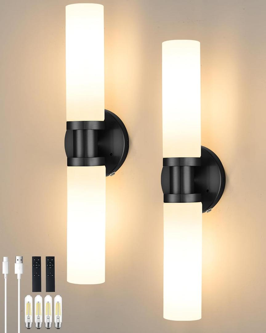 Wireless Battery Operated Wall Sconce Set of 2, Black Easy Install Dimmable Rechargeable Wall Lights with Remote Control, Timer Function for Living Room, Bedroom, Hallway, Stairwell, Entryway 3000K (Black & White Shade)