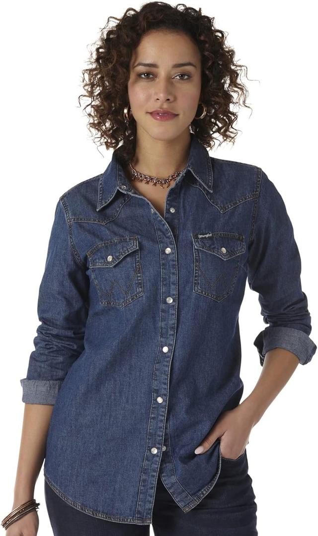 Wrangler Women's Retro Long Sleeve Western Denim Snap Shirt (X-Large)