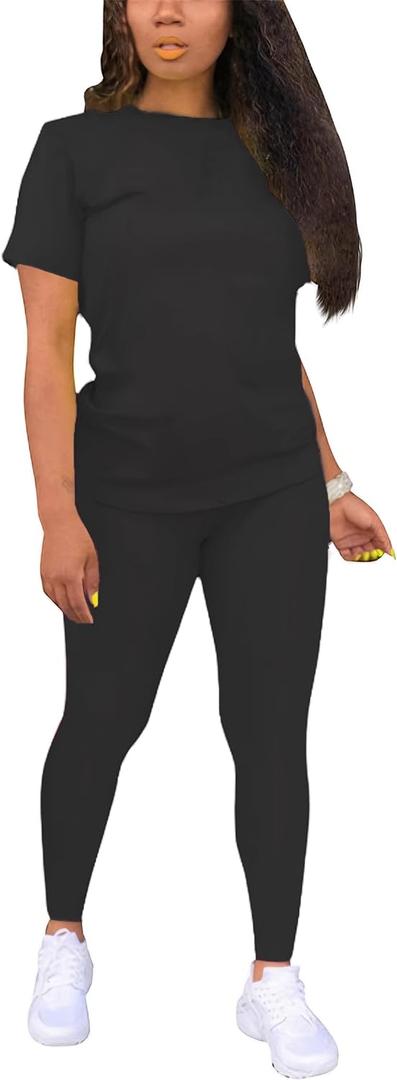 TOPONSKY Women Two Piece Workout Outfits Sports Long-Pants & Short-Top Sets (Black, M)