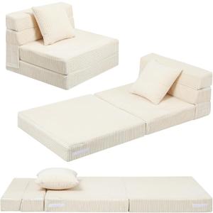 MeMoreCool Folding Sofa for Kids, Corduroy Fold Out Futon Chair, Small Foldable Floor Mattress, Portable Children Couch Sofa, Beige, 63"L x 26"W x 4"Th