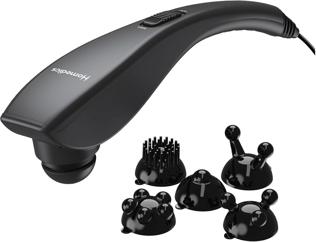 Homedics Deep Tissue Percussion Massager with 3 Speeds, 5 Attachments, and Long Handle for Hard-to-Reach Areas