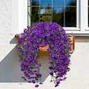 Artificial Hanging Flowers for Outdoors, 4 PCS 600 Blooms UV Resistant Morning Glory Faux Silk Vines, No-Odor Realistic Fake Plants for Garden Planter Porch Patio Decoration, Purple