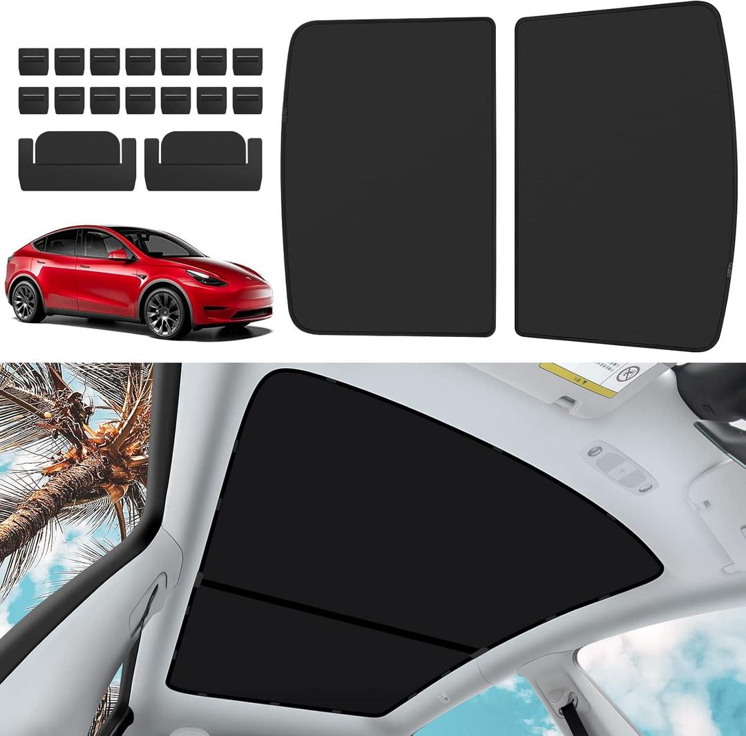Non-Sag Roof Sunshades for Tesla Model Y 2025, Upgraded Foldable Sunroof Shade Sunshade Roof Sun Shade for Tesla Model Y Accessories 2021-2025 (Ice Black)