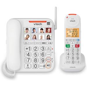 VTech SN5147 Amplified Corded/Cordless Senior Phone with Answering Machine, Big Buttons, 90dB ExtraLoud Visual Ringer, 50dB Audio Assist, Call Blocker, White