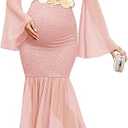 Aizwi Maternity Dress Baby Shower Long Bell Sleeve Floral Lace Contrast Chiffon V-Neck Mermaid Pregnancy Photoshoot Gown 2 XL