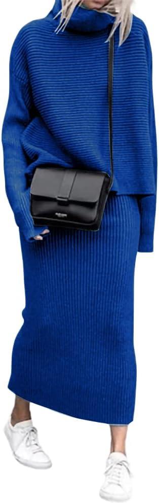 chouyatou Women's Turtleneck 2 Piece Outfits Ribbed Knit Sweater Midi Pencil Skirt Set, L