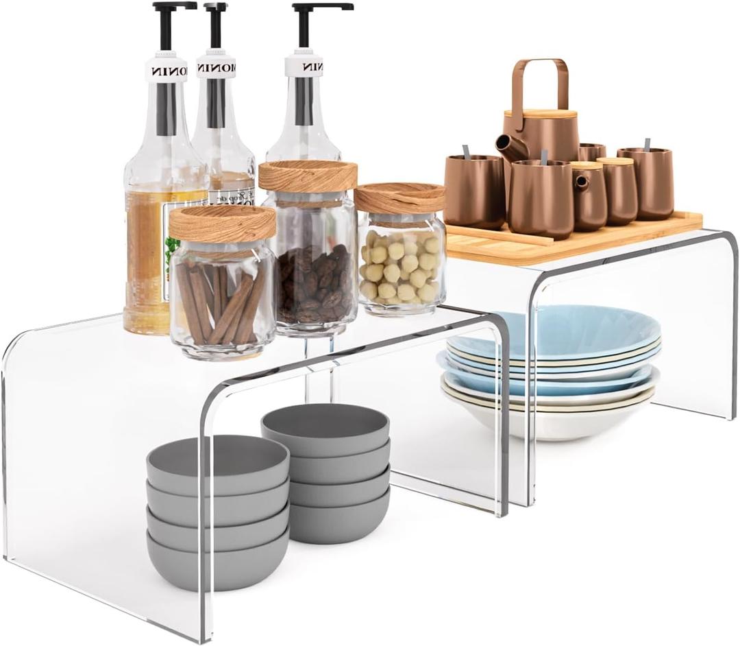 Cabinet Riser- Set of 2 Clear Organizer Riser Stand, Shelf Riser for Kitchen Storage, Display Pantry Shelf Room Decor Countertop Desk Shelves, Retail Display Stand