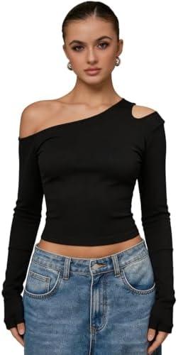 FAIMILORY Spring Fall Women's Asymmetrical Neck Off Shoulder Long Sleeve Slim Tops Going Out One Shoulder T Shirt S