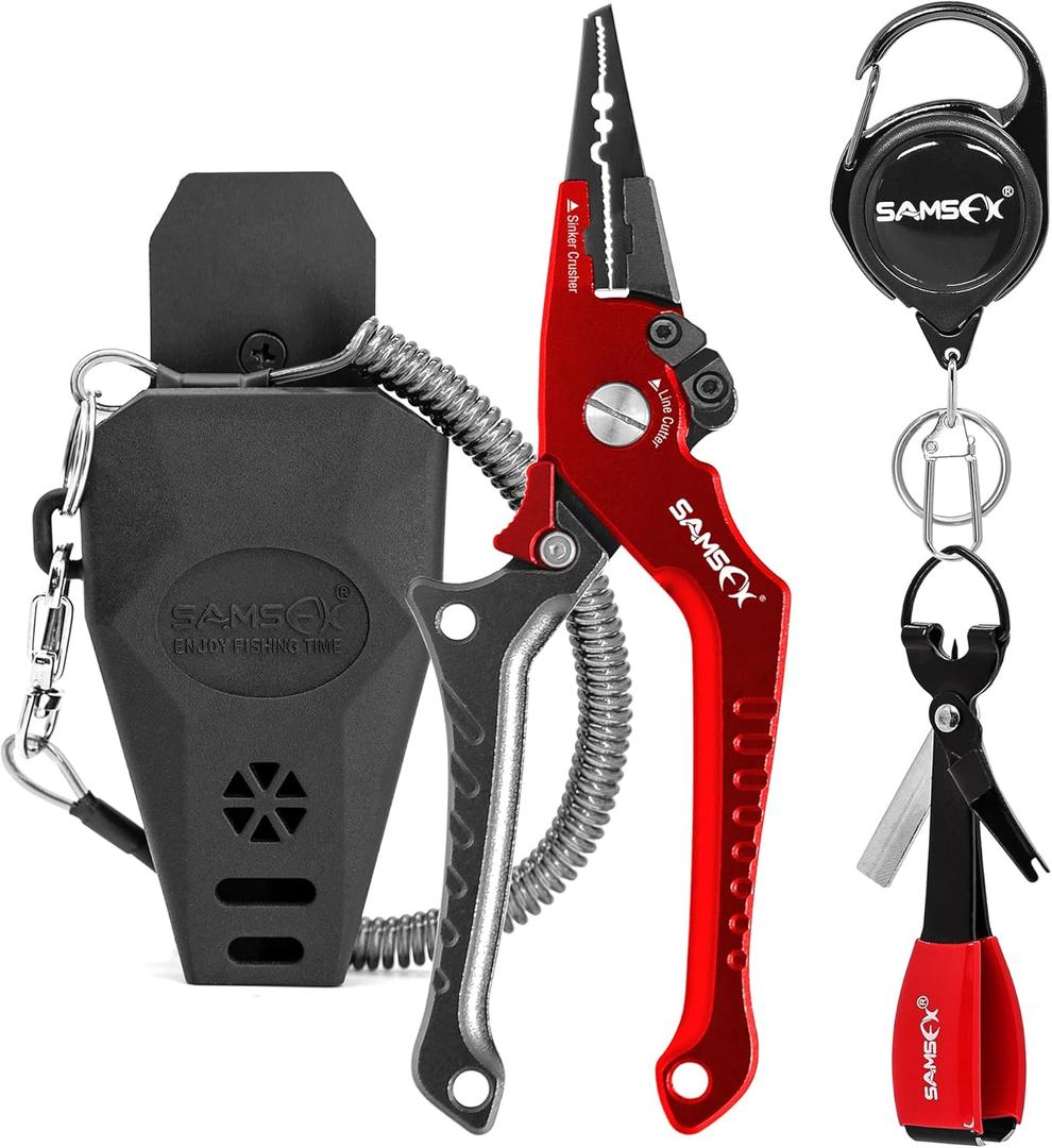 SAMSFX Aluminum Fishing Pliers Hook Remover Braid Line Cutter with Coiled Lanyard, Fly Fishing Knot Tying Tool & Retractors (7'' Split Ring Nose, Gray & Red Handle)