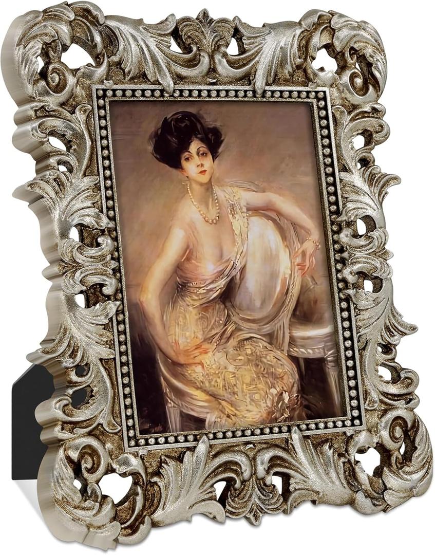 Silver Frames 5x7 Ornate Vintage Baroque Antique Picture Frame for Tabletop or Wall Display Wedding Photo with Glass Front