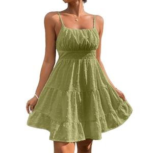 Floerns Women's Swiss Dots Sleeveless Ruched Bust Ruffle Hem Cami Short Dress Olive Green Small