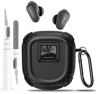 Olytop for New Bose QuietComfort Earbuds II (2022) / Ultra (2023) Case Cover with Lock Clip&Cleaner kit Pen, Rugged Shockproof Protective Hard Skin with Carabiner Men Women for Bose QC 2 - Black