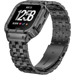 SUPLINK Stainless Steel Case & Band Compatible with Fitbit Versa 3/4 Bands, Rugged Cover Strap for Fitbit Versa Lite/Sense 2 Watch, Space Grey
