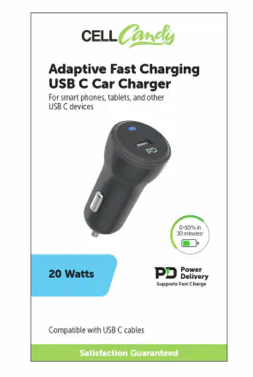Cell Candy Adaptive Fast Charging USB C Car Charger 20W Black