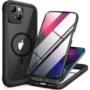 Miracase for iPhone 13 Case 6.1'',Full-Body Magnetic Clear Bumper Case with Built-in 9H Tempered Glass Screen Protector,Military Drop Protection Outdoor Phone Case,Black