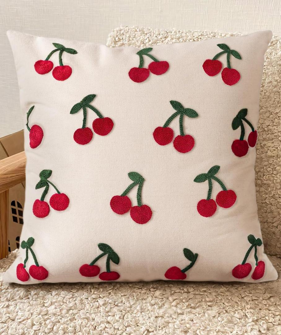 Embroidered Throw Pillow Cover 18x18 Inch - Spring Summer Boho Decorative Pillow Cover with Zipper for Living Room Couch Sofa Bed Aesthetic Design Little Cherry Cushion Pillowcase