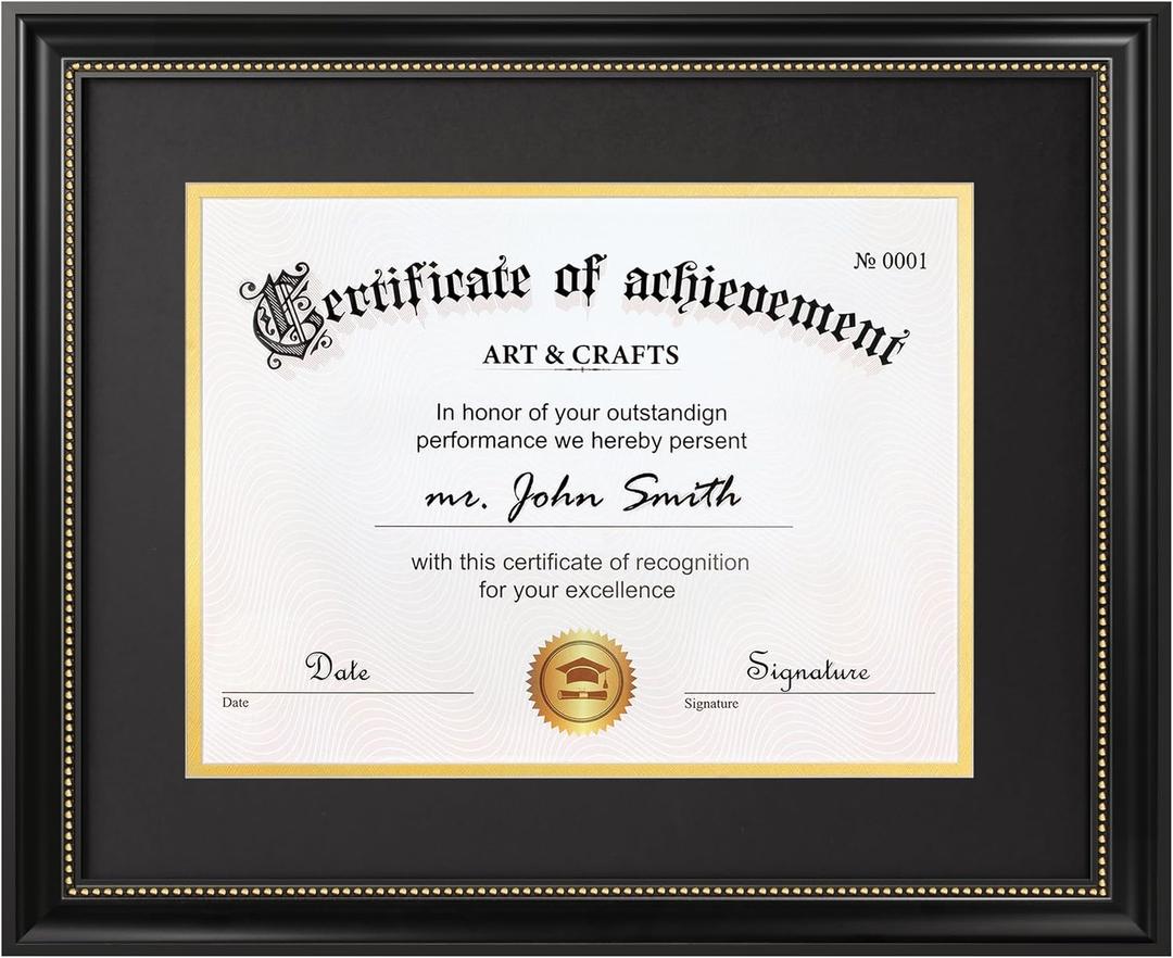 11x14 Diploma Frame with Mat or Display 15x18 Certificate without Mat, High Definition Tempered Glass, Acid-free Black Matt, Black with Gold Beads, Degree Frame for Graduation, 1 Pack, 15x18 Frame Matted for 11x14