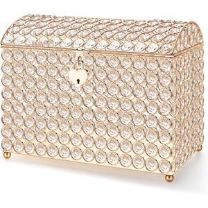 Nitial Crystal Wedding Card Box with Heart Lock 11in Wedding Money Box Treasure Chest Gold Bead Card Receiving Memory Storage for Reception Brithday Graduation Baby Shower Party (Elegant Style)